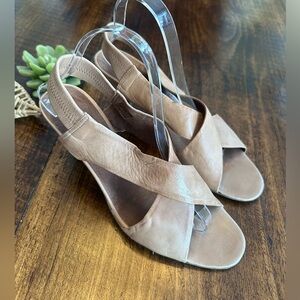 John Lewis | Nude Leather Criss-Cross Heeled Sandals, Size 10.5